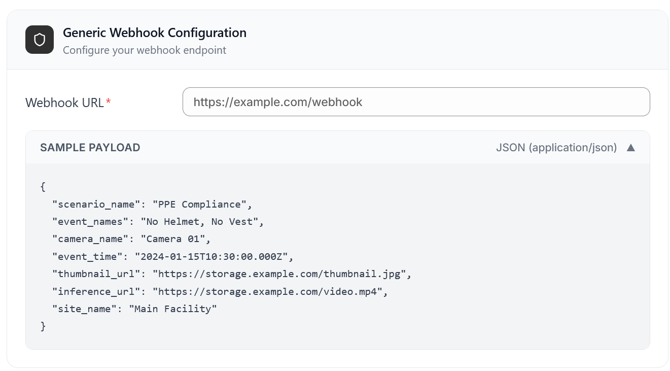 Add Integration form — Webhook URL field with sample payload toggle