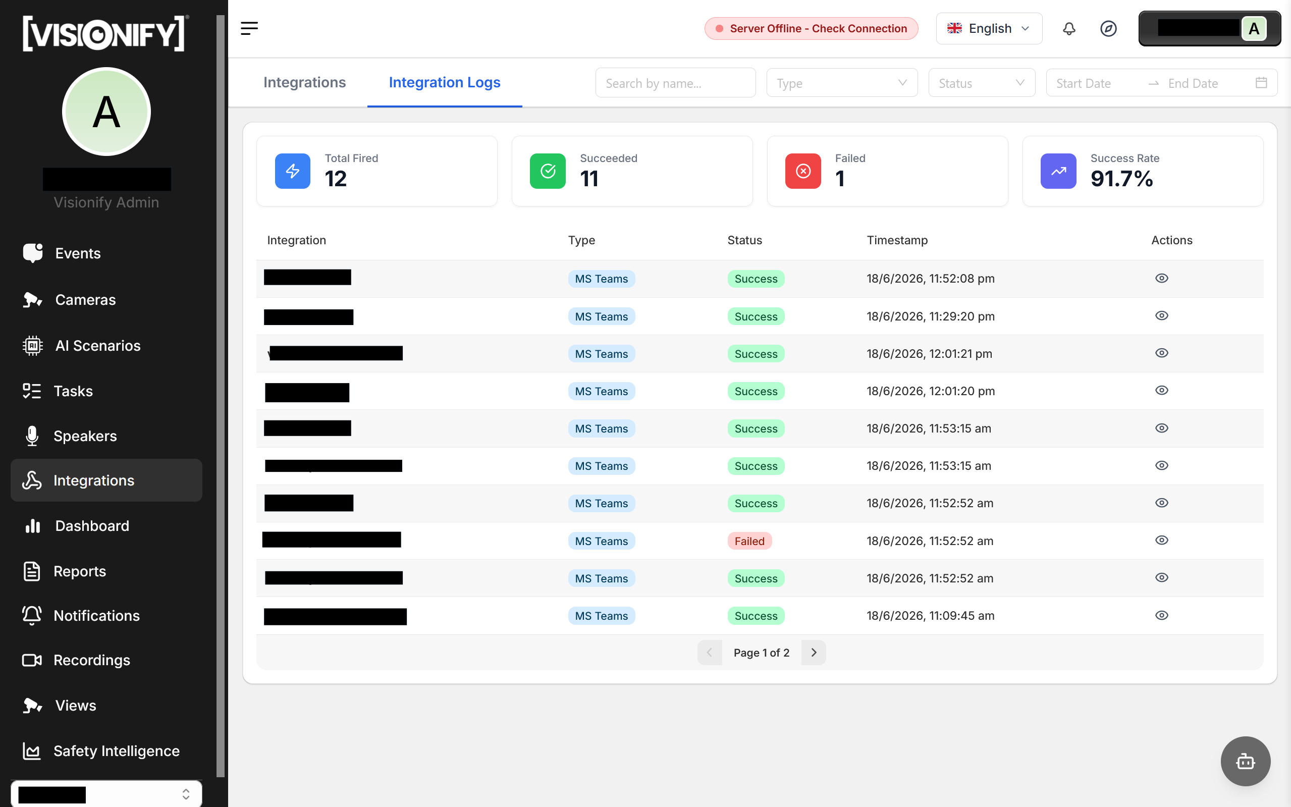 Integration Logs tab
